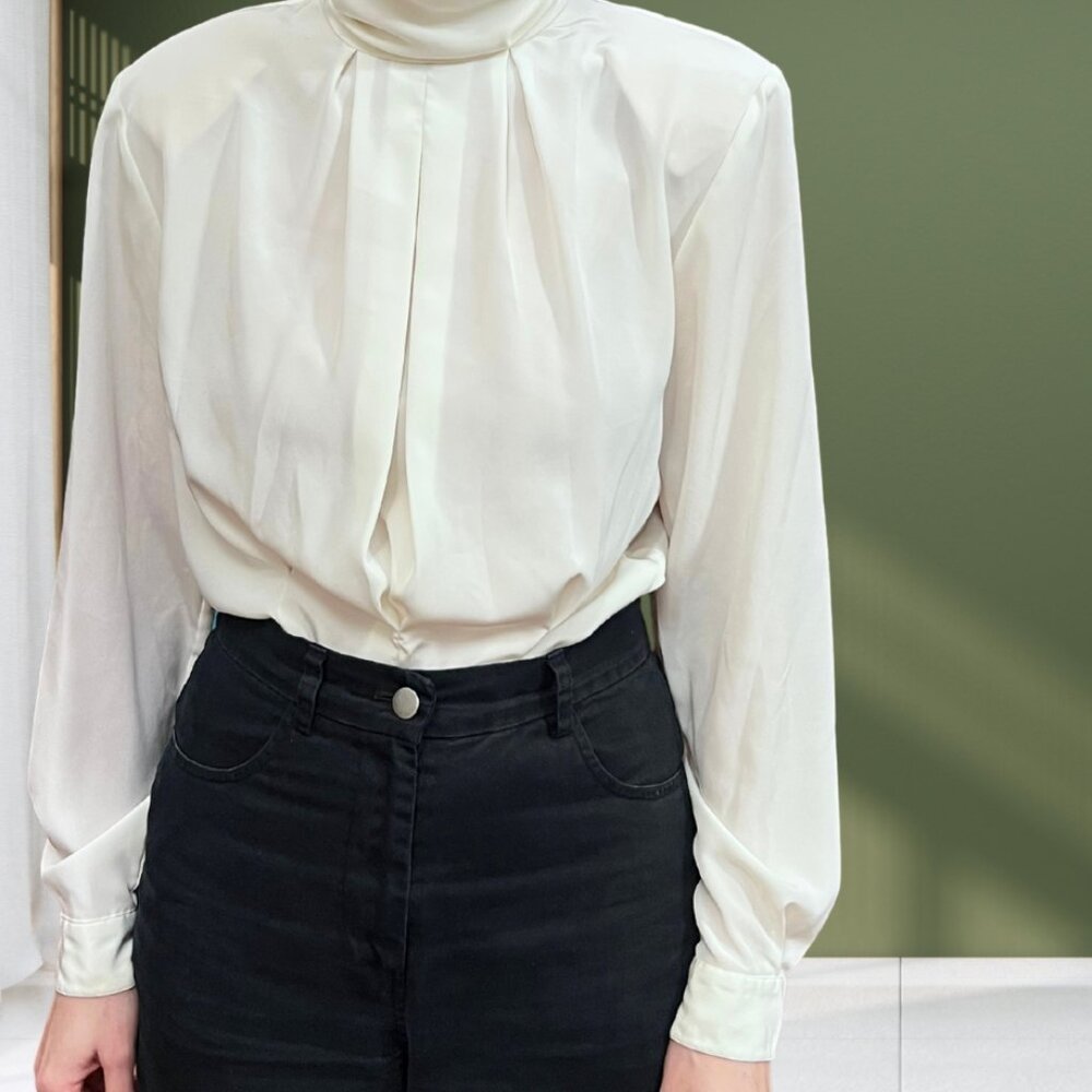 Talbots Ivory High Neck Blouse Back Button Detail